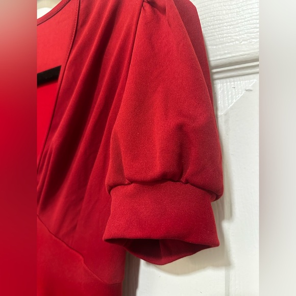 Long Red Dress With Sewn On Pearls and Puffed Sleeves - Picture 4 of 13